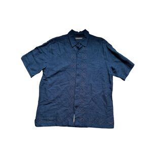 Cubavera Black Brown Embroidered Linen Blend Button Up Short Sleeve Shirt Size L